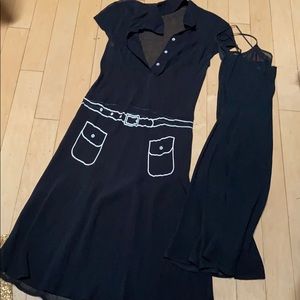 Tessuto black dress painted pockets and belt slip
